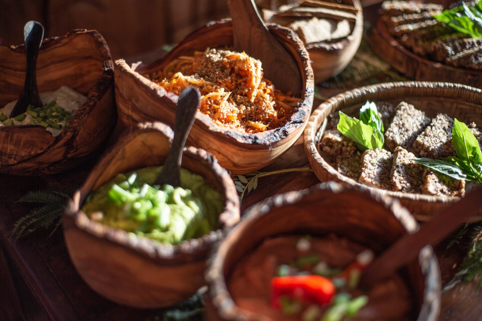Autumn Ayurvedic dishes in wooden bowls